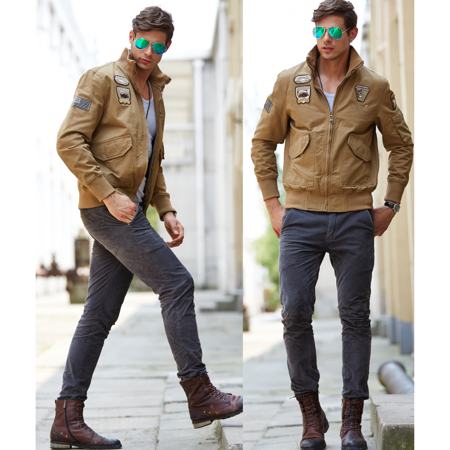 L'MONTE Men's Khaki USA Military-Style Biker Jacket My Store