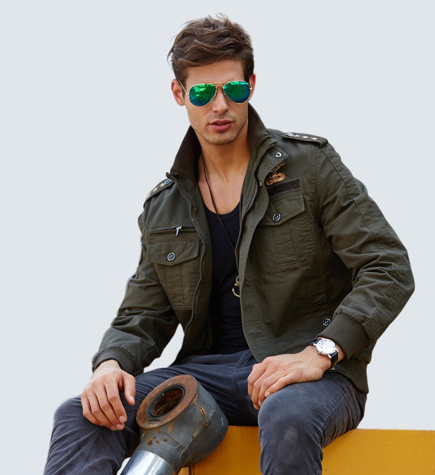 L'MONTE Men's Military-Style Army Green Cargo Jacket For Mild Winter My Store