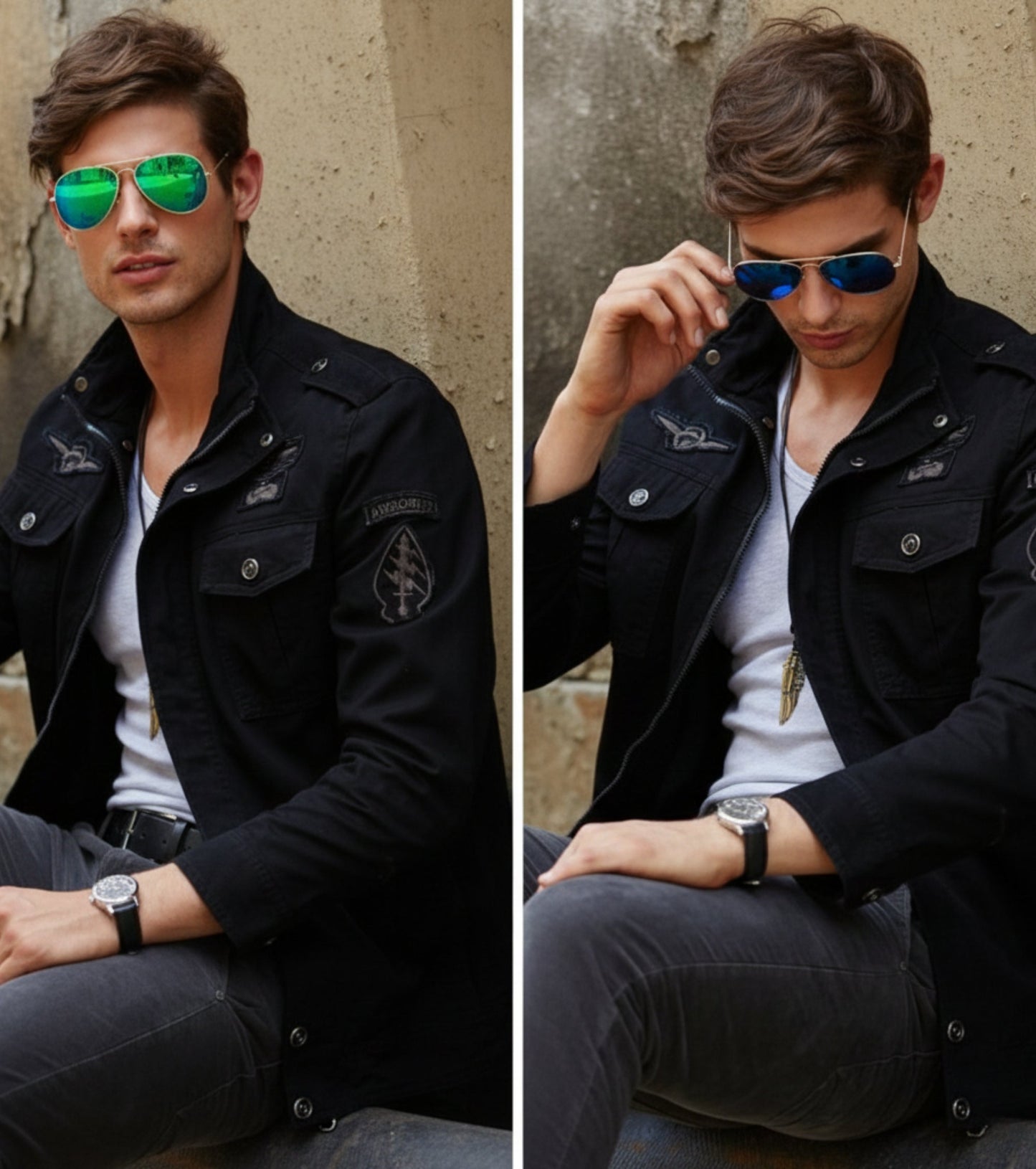 L'MONTE Men's Black Military-Style Bomber Jacket My Store