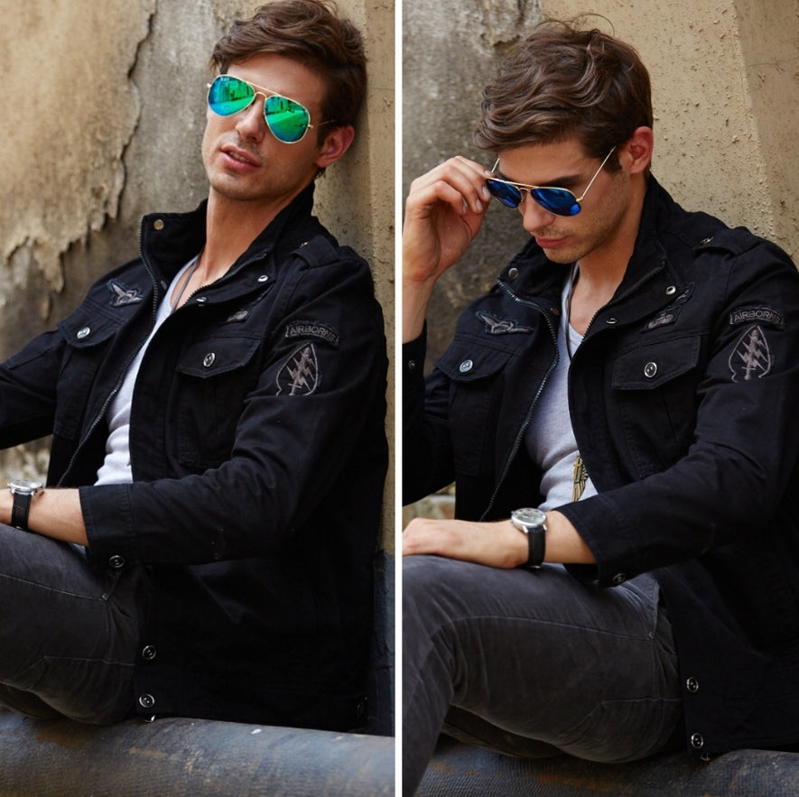 L'MONTE Men's Black Military-Style Bomber Jacket My Store