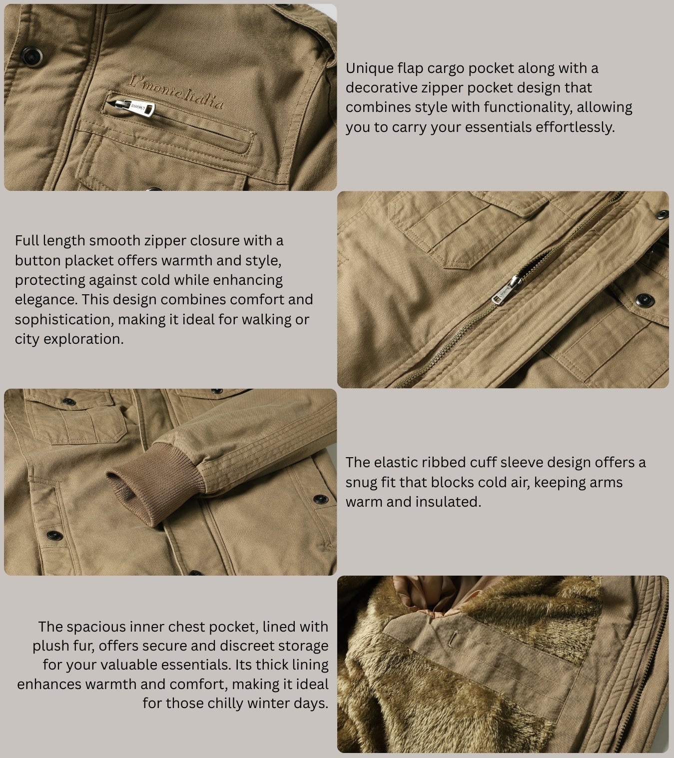 L'MONTE Men's Khaki Military-Style Cargo Winter Jacket My Store