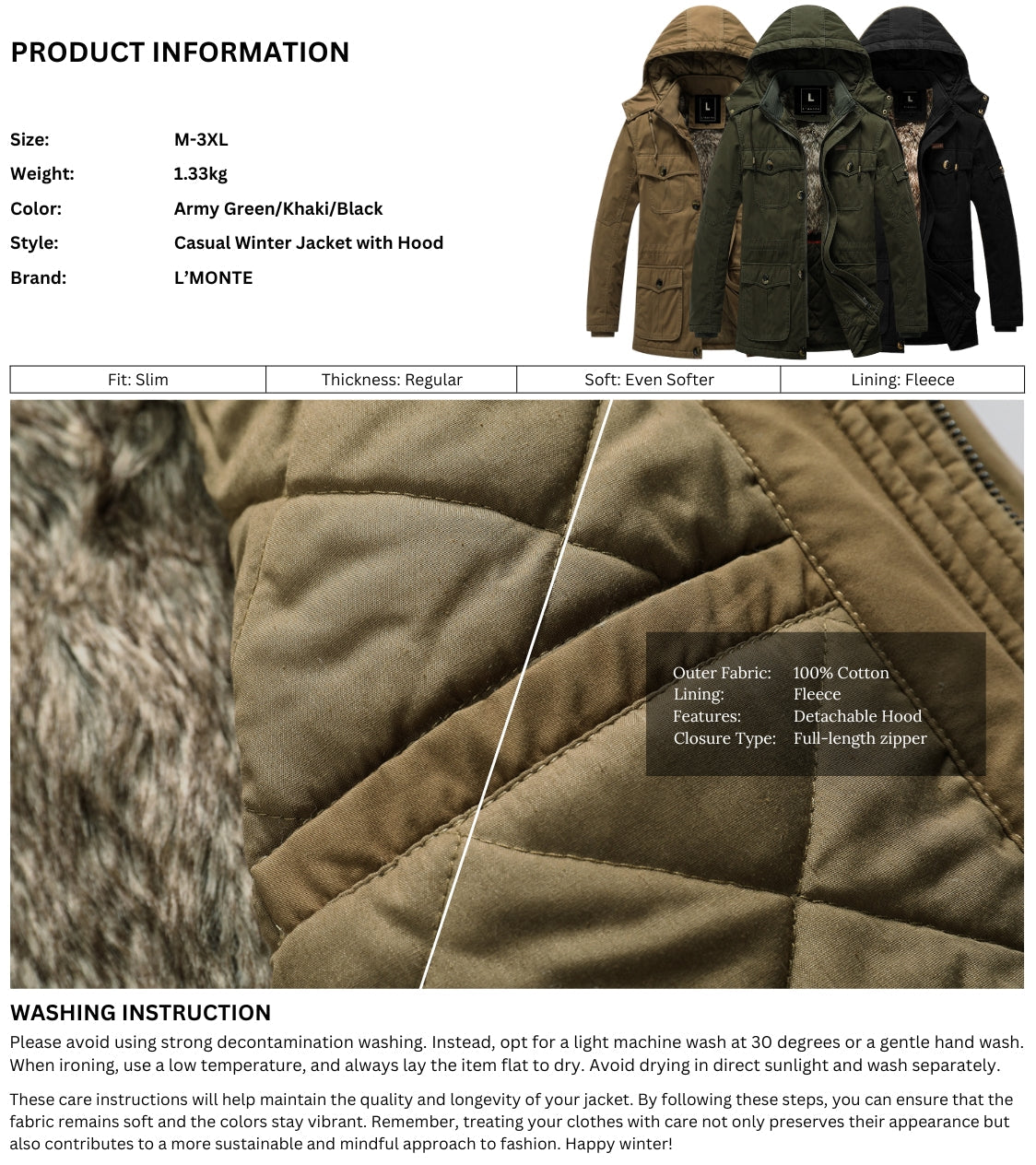 L'MONTE Men's Army Green Heavy-Duty Winter Jacket My Store