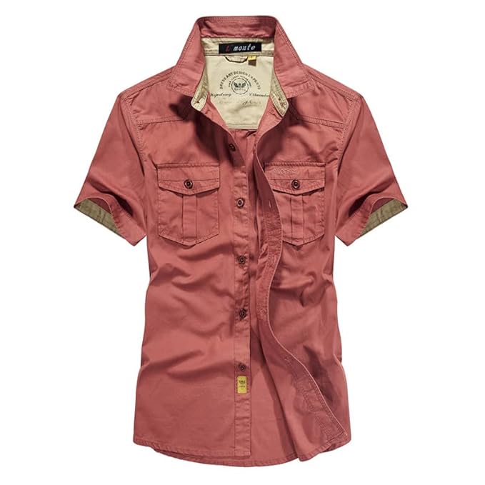 L'monte Men's Brick Red Cargo Shirts Half Sleeve with Pockets Lmonte International