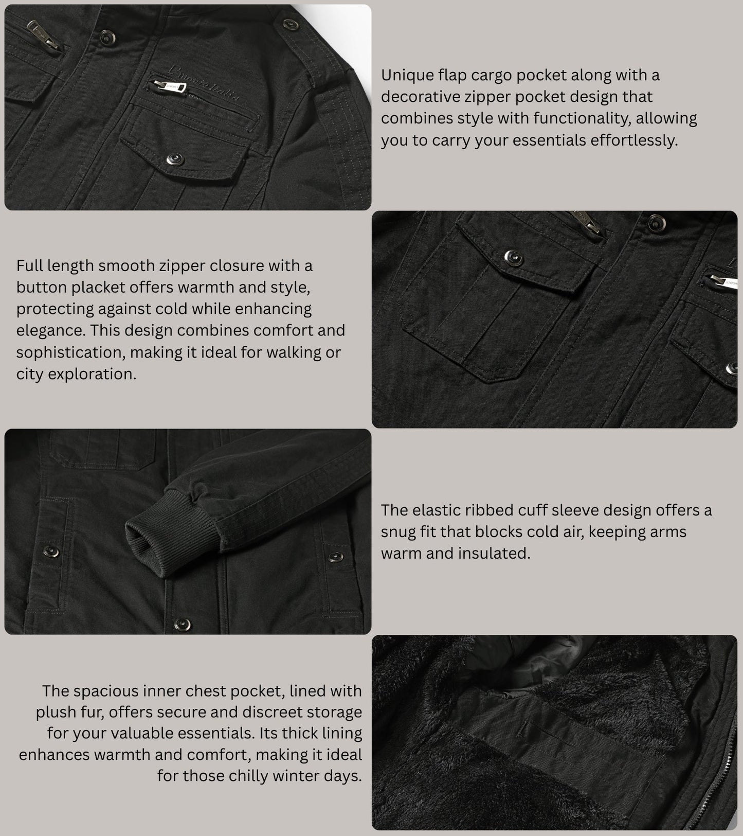 L'MONTE Men's Black Military-Style Cargo Winter Jacket My Store