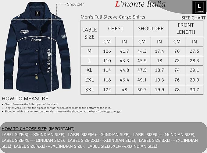 L'MONTE Men's Full Sleeves Blue Cargo Shirts for Men Lmonte International