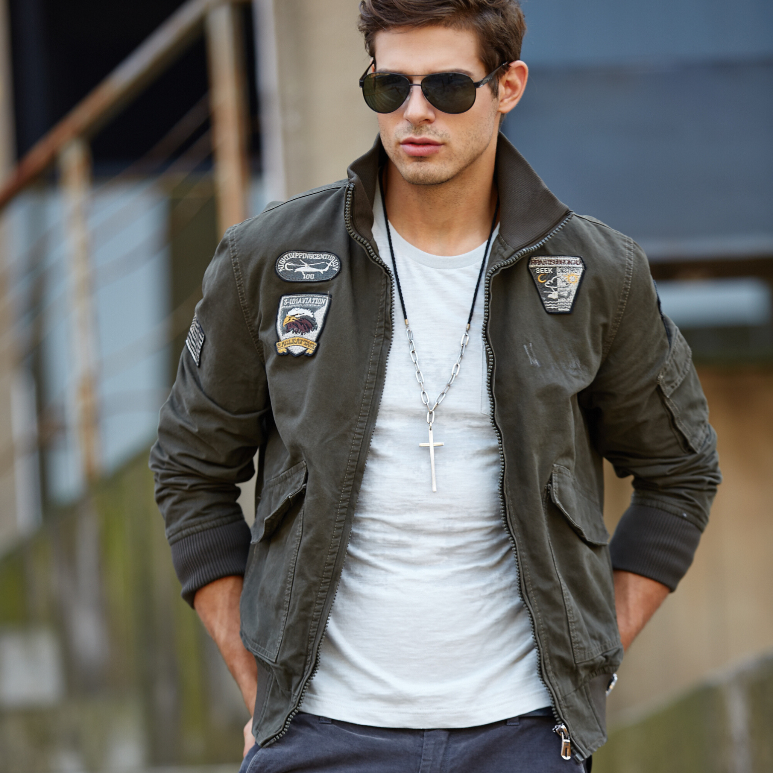 L'MONTE Men's Army Green USA Military-Style Biker Jacket