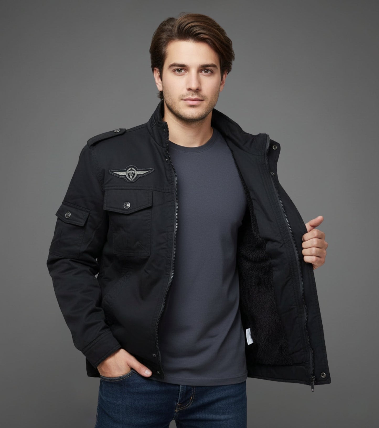 L'MONTE Men's Black Fleece-Lined Bomber Jacket My Store