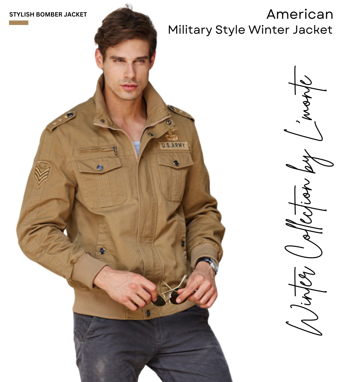 L'MONTE Men's Khaki Military Style Cargo Cotton Jacket My Store