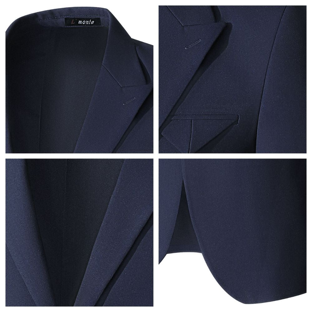L'MONTE Men's 3-Piece Slim Fit Suit Set in Blue | Formal Blazer, Vest & Pant with One-Button Closure for Weddings, Business, and Parties