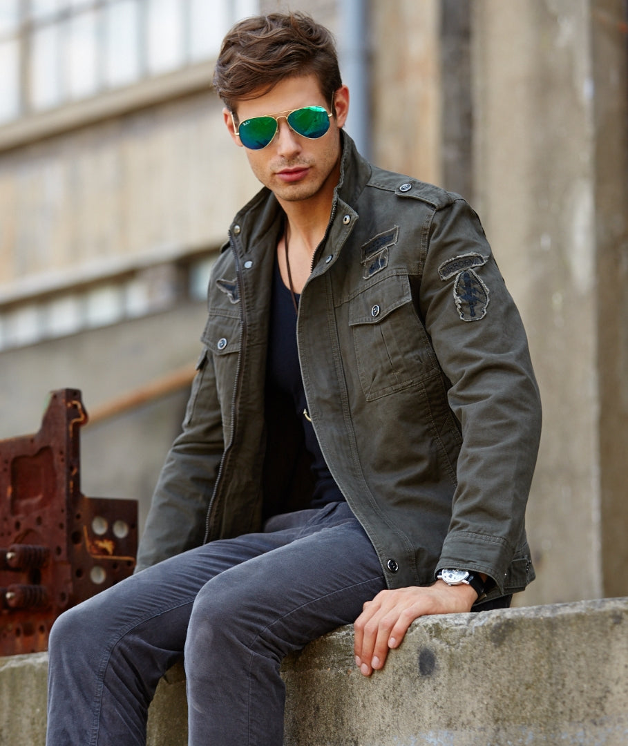L'MONTE Men's Army Green Military-Style Bomber Jacket My Store