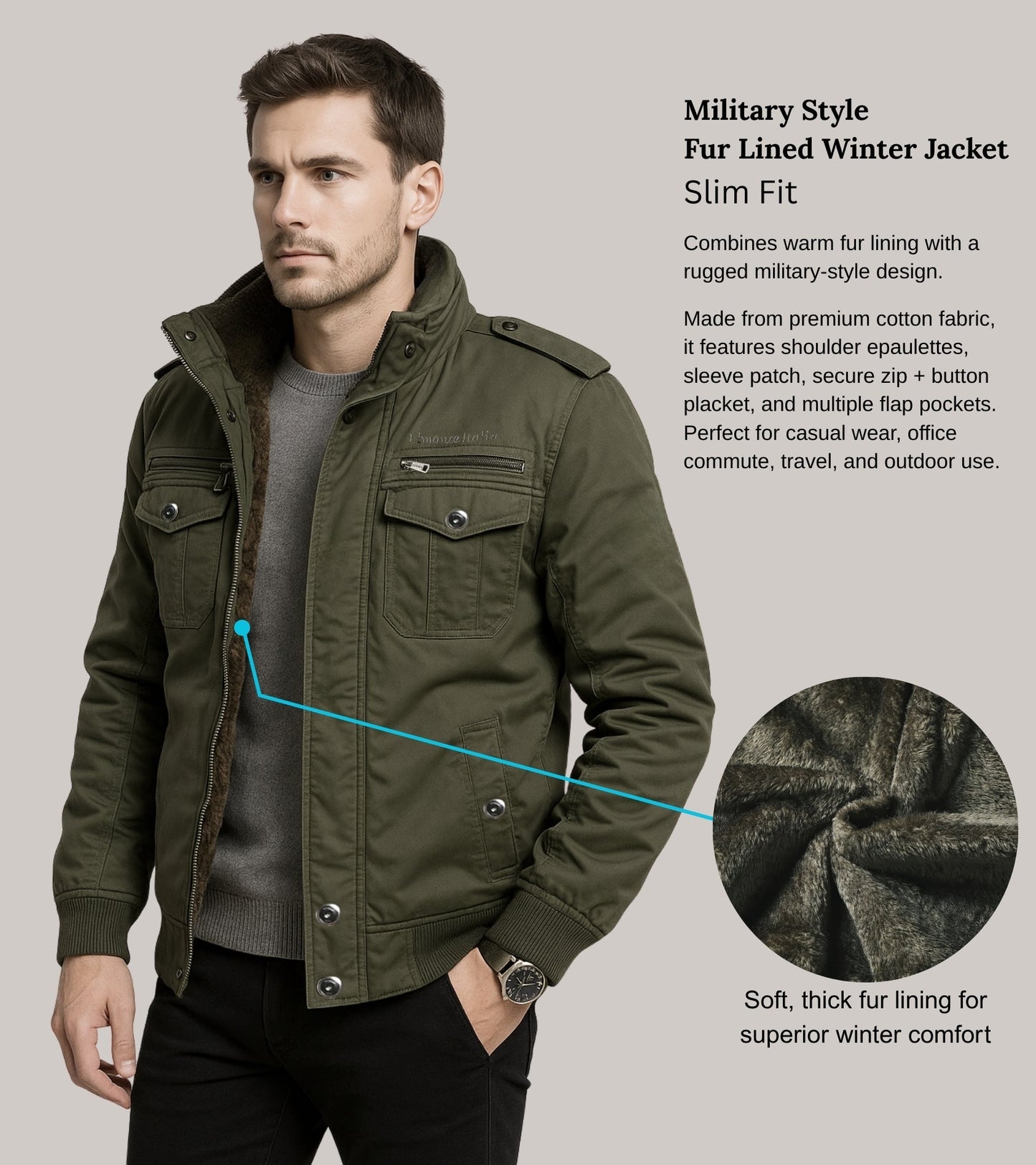 L'MONTE Men's Army Green Military-Style Cargo Winter Jacket My Store