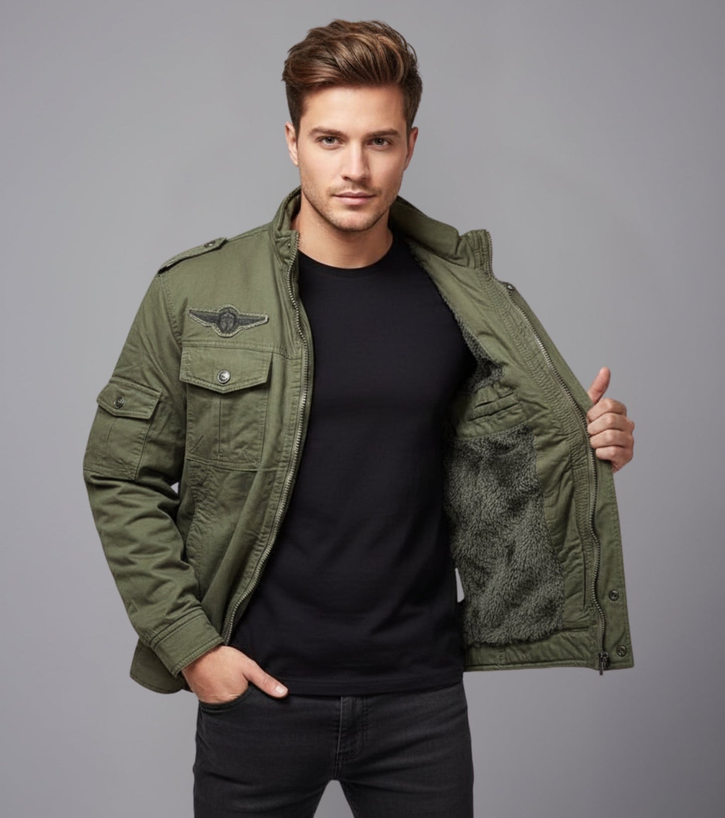 L'MONTE Men's Army Green Fleece-Lined Bomber Jacket My Store