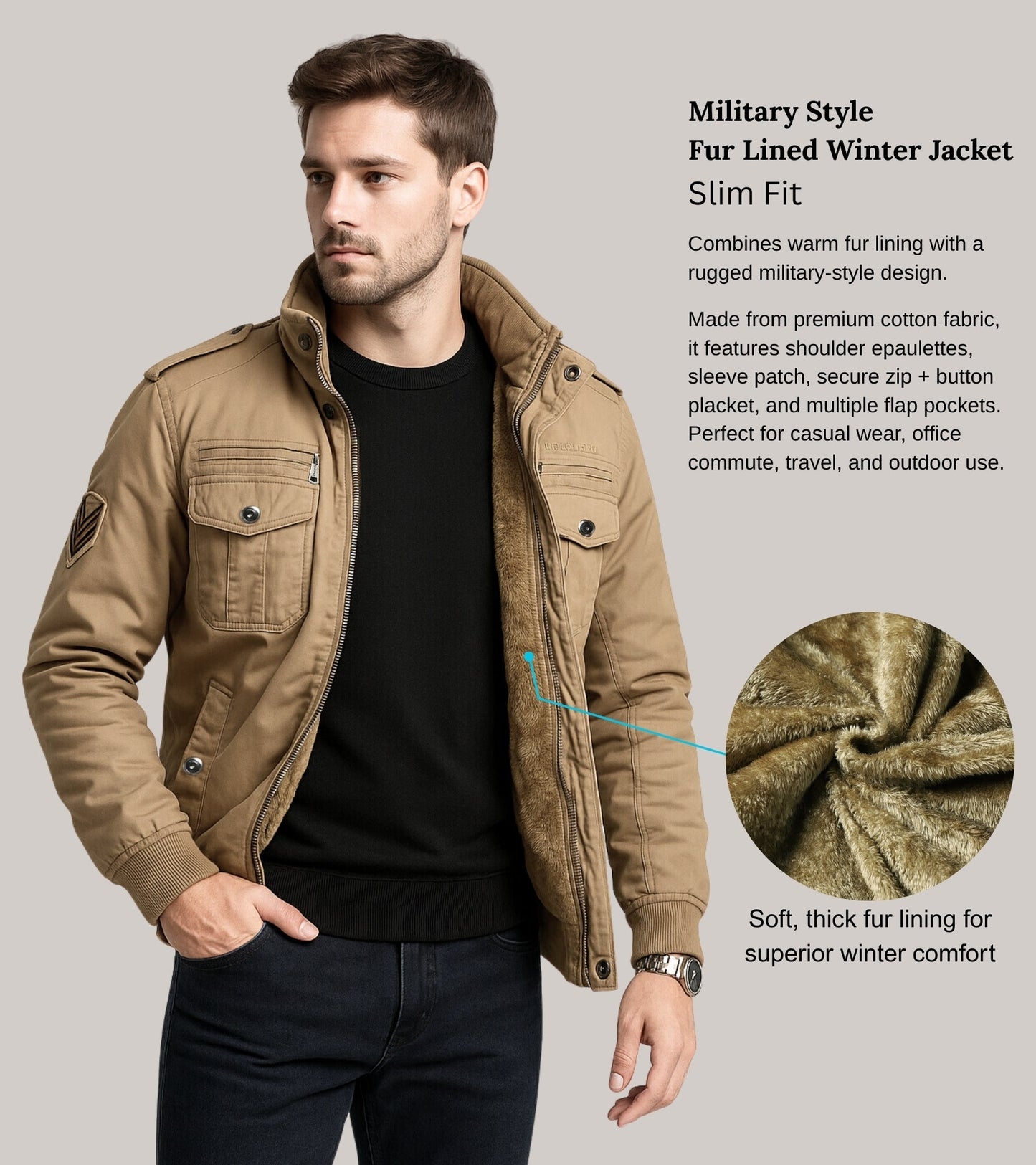 L'MONTE Men's Khaki Military-Style Cargo Winter Jacket My Store
