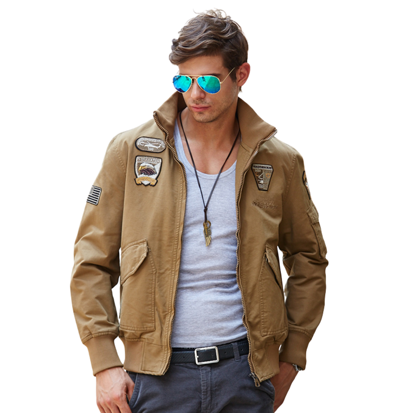 L'MONTE Men's Khaki USA Military-Style Biker Jacket My Store