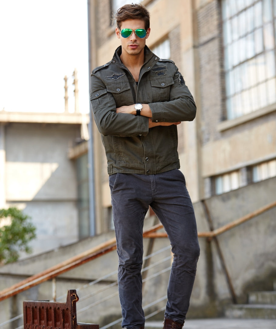 L'MONTE Men's Army Green Military-Style Bomber Jacket My Store