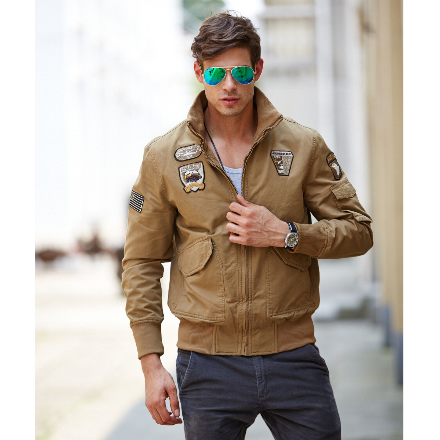 L'MONTE Men's Khaki USA Military-Style Biker Jacket My Store