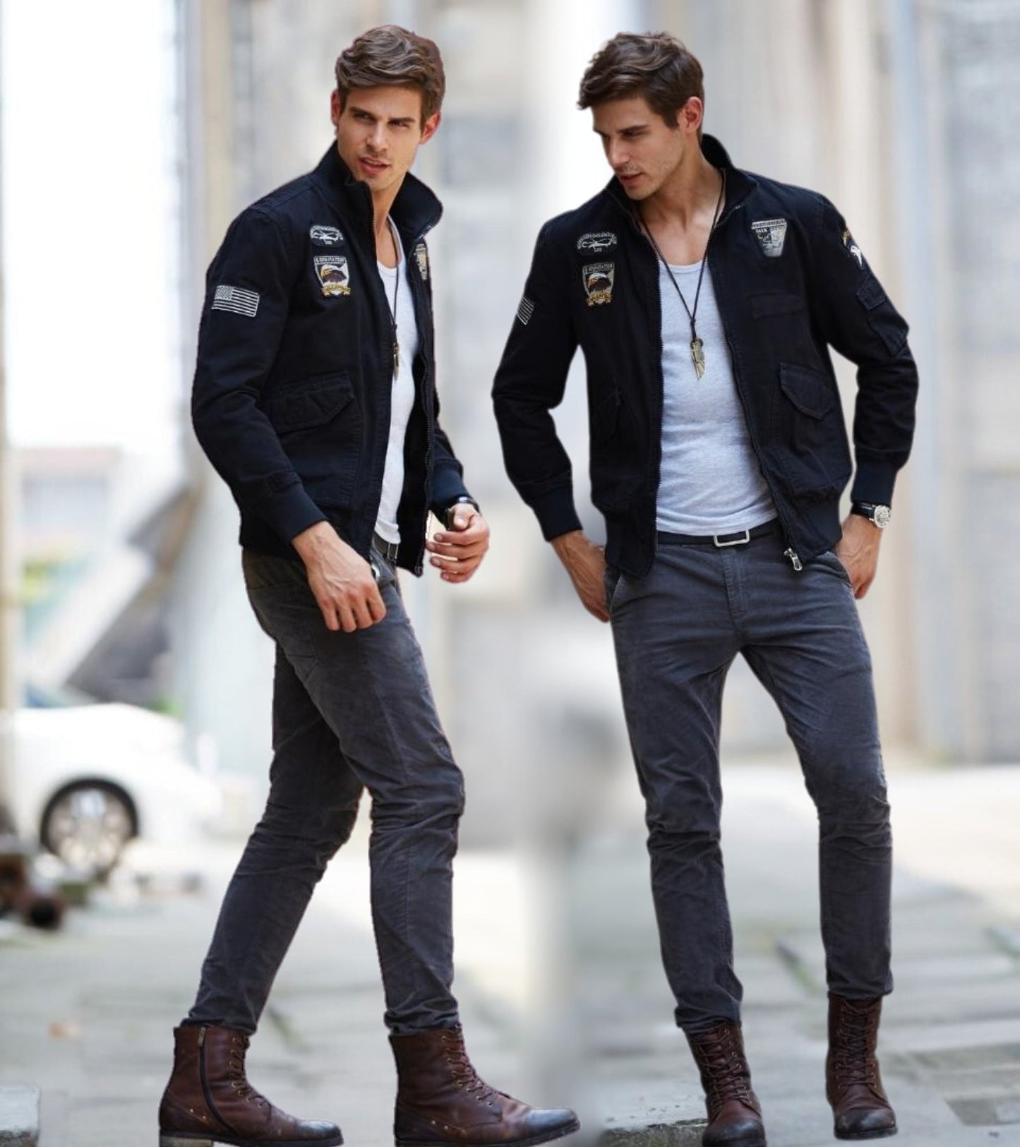 L'MONTE Men's Black USA Military-Style Biker Jacket My Store