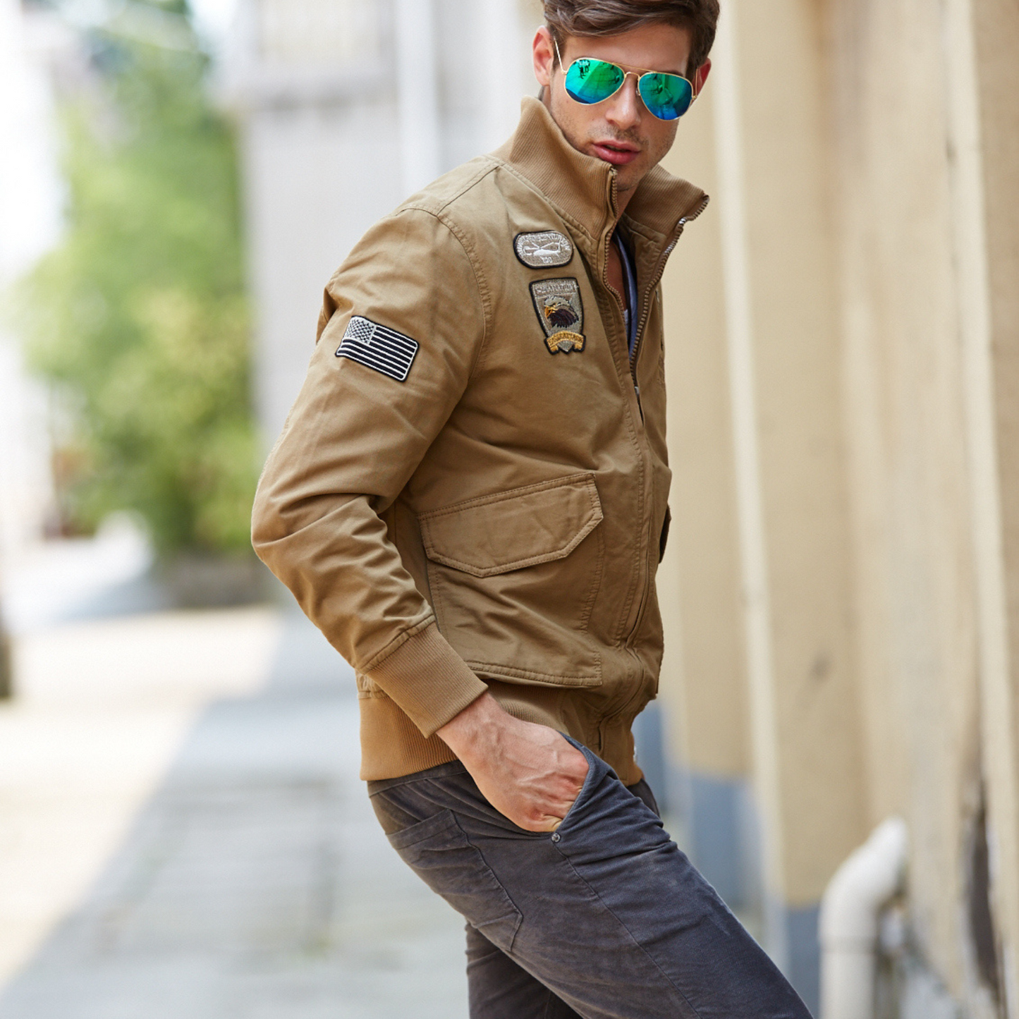 L'MONTE Men's Khaki USA Military-Style Biker Jacket My Store