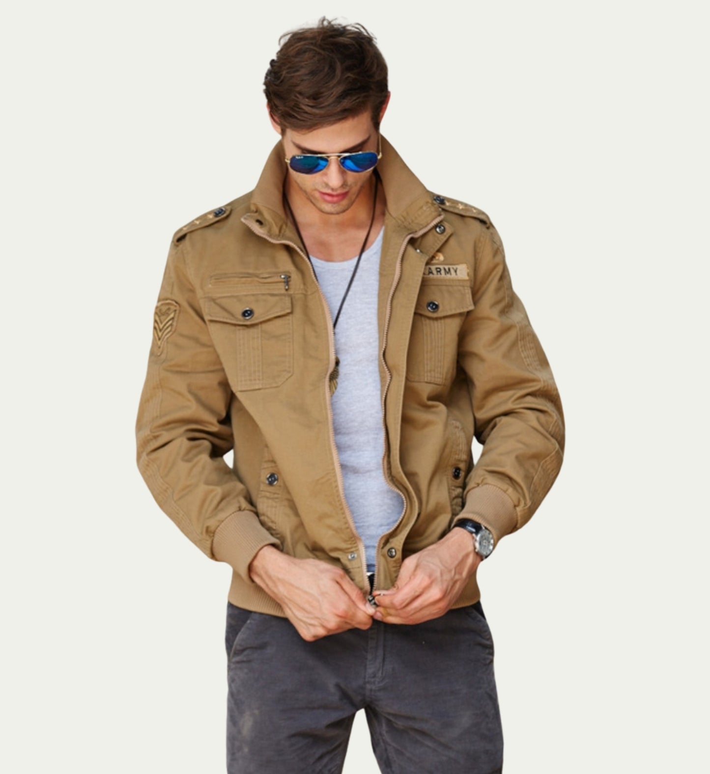 L'MONTE Men's Military-Style Khaki Cargo Jacket For Mild Winter My Store