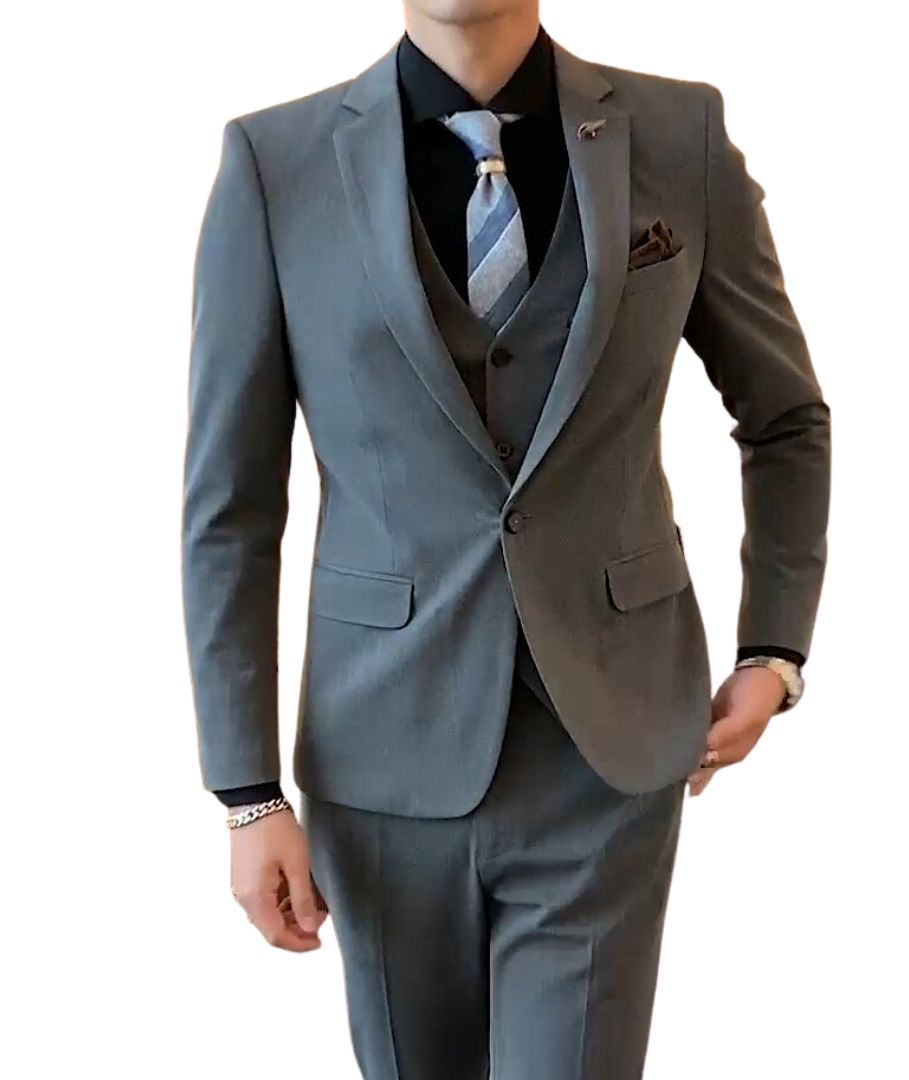 L'MONTE 3 Piece Imported Grey Suit for Men - Slim Fit Formal Blazer, Vest & Pants