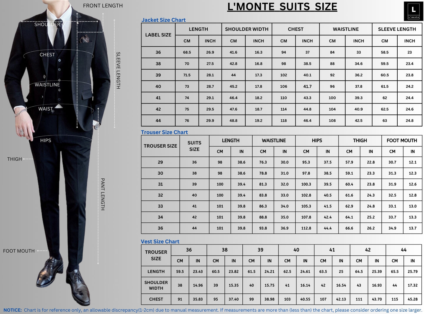L'MONTE Imported 3 Piece Suit Blazer for Men Formal Slim Fit Two Button Closure Coat (BLSLM96002) My Store