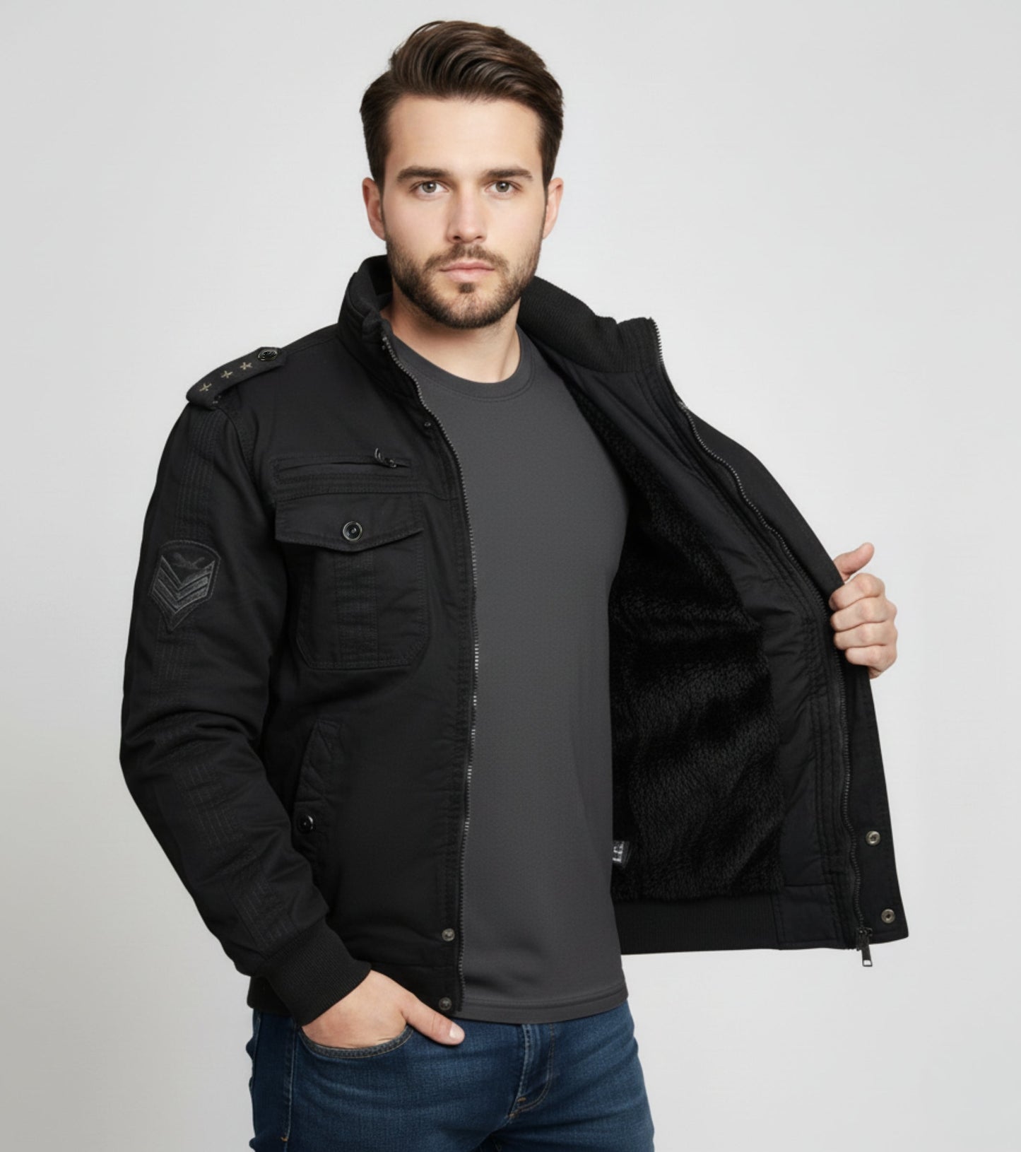 L'MONTE Men's Black Military Style Cargo Cotton Jacket My Store