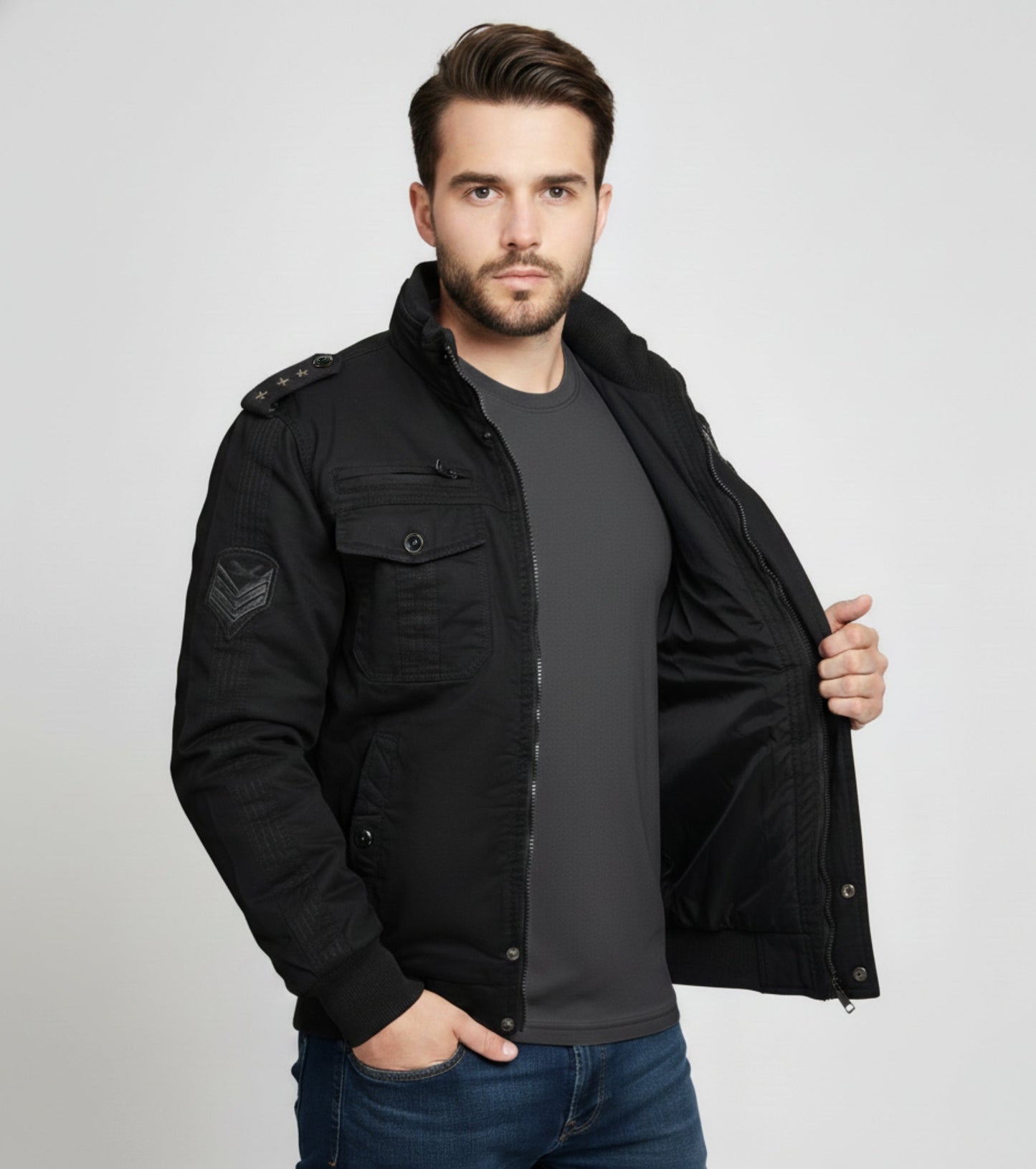 L'MONTE Men's Military-Style Black Cargo Jacket For Mild Winter My Store