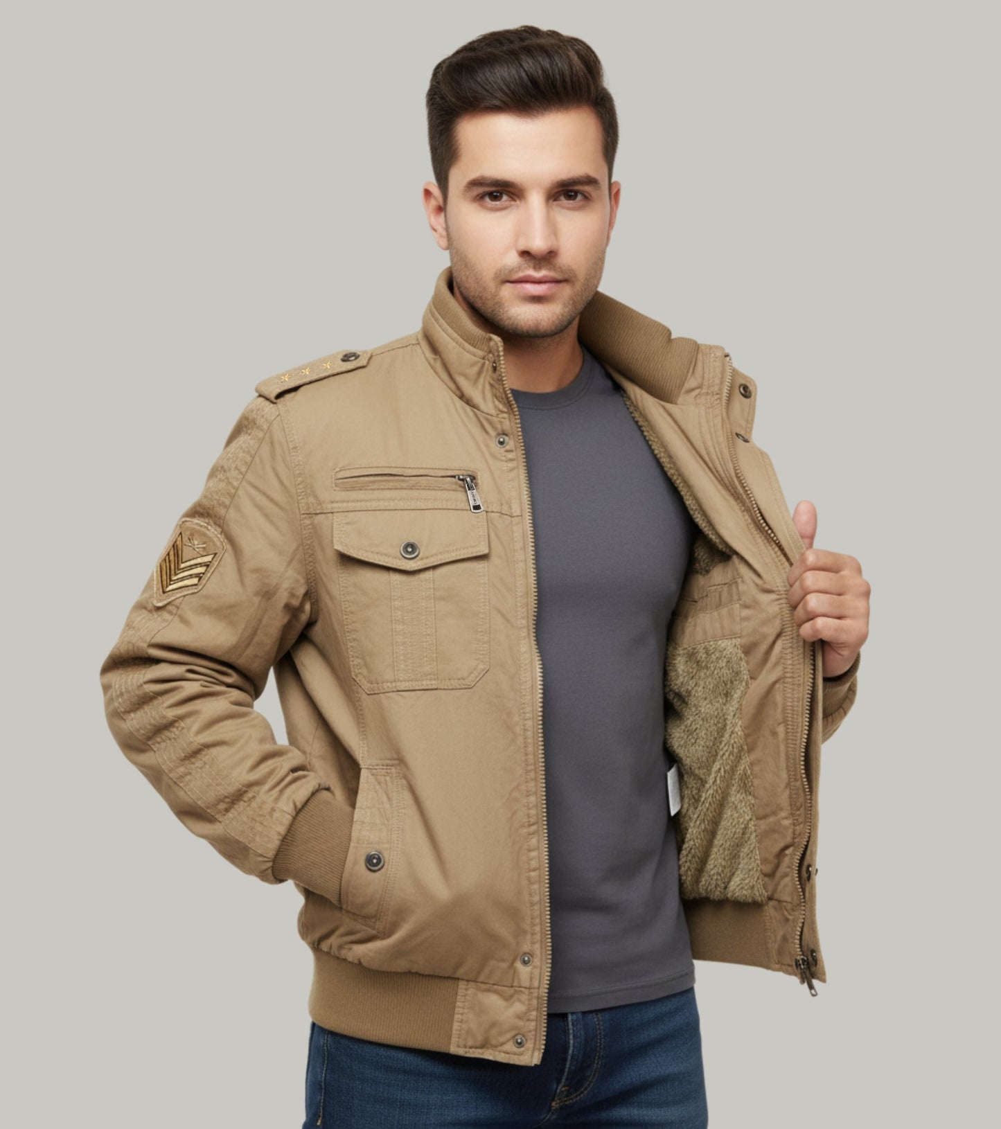 L'MONTE Men's Khaki Military Style Cargo Cotton Jacket My Store