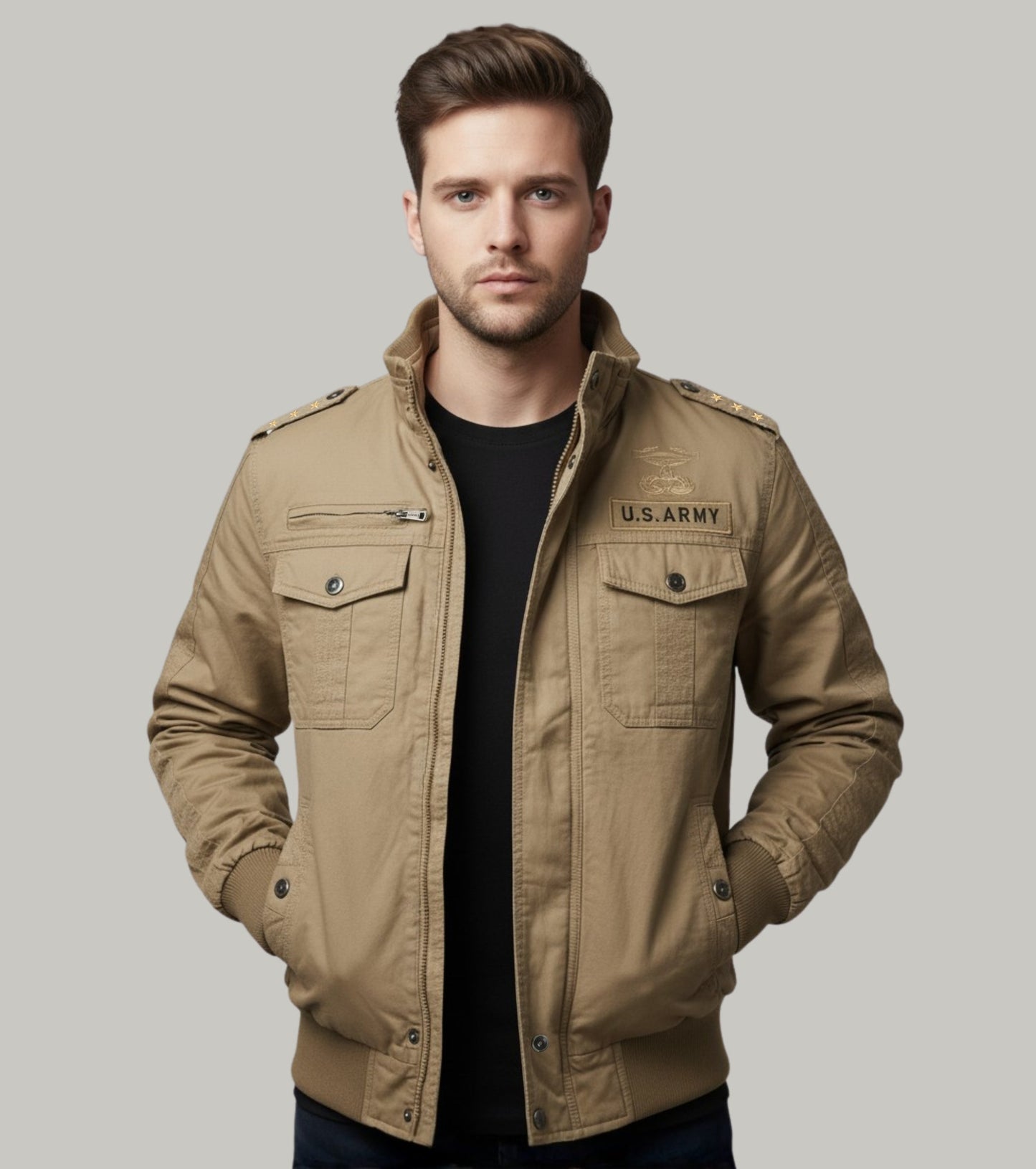 L'MONTE Men's Military-Style Khaki Cargo Jacket For Mild Winter My Store