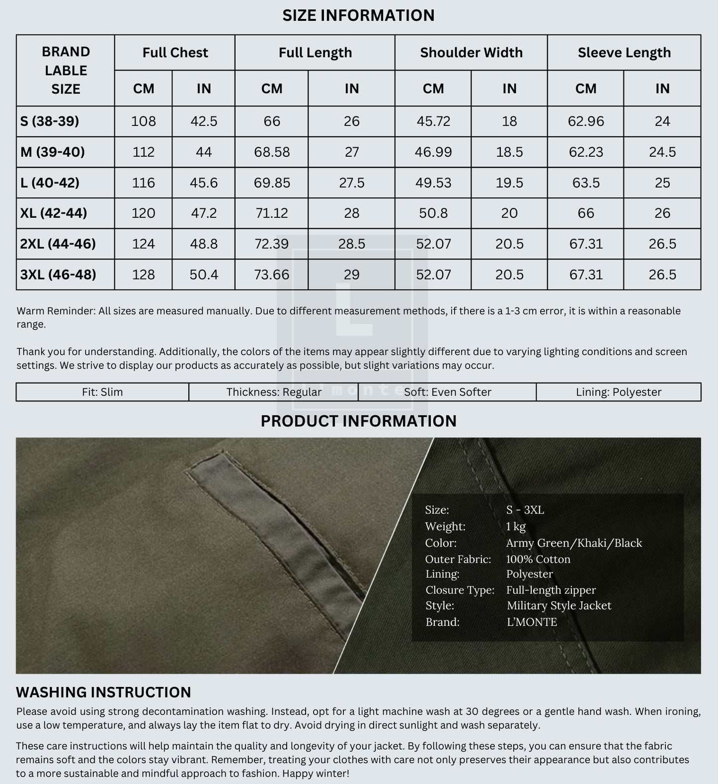 L'MONTE Men's Military-Style Army Green Cargo Jacket For Mild Winter My Store