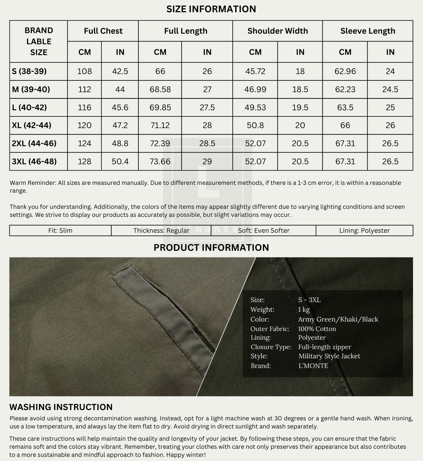 L'MONTE Men's Military-Style Khaki Cargo Jacket For Mild Winter My Store