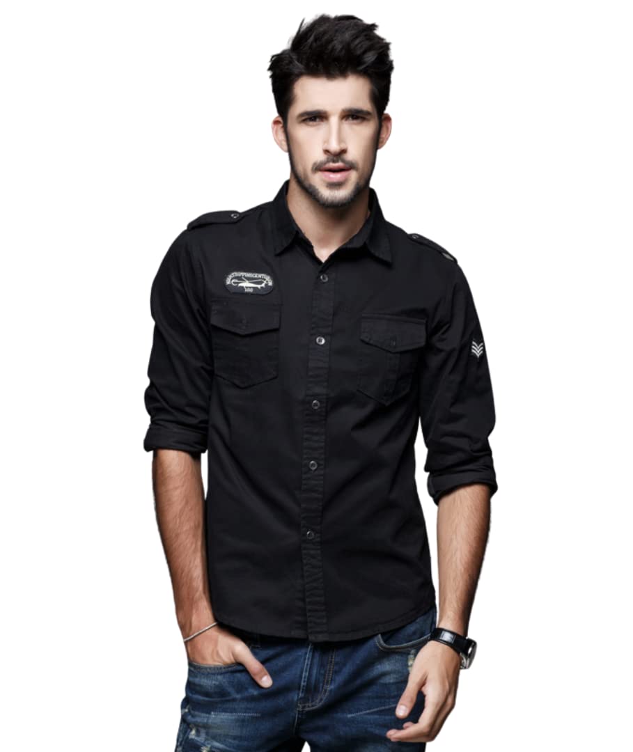L'MONTE Men's Full Sleeves Black Cargo Shirts for Men Lmonte International