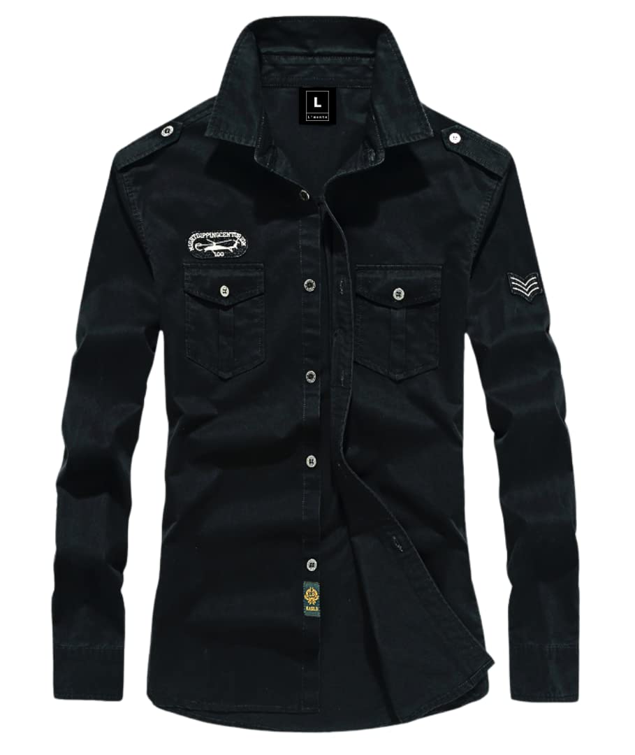 L'MONTE Men's Full Sleeves Black Cargo Shirts for Men Lmonte International