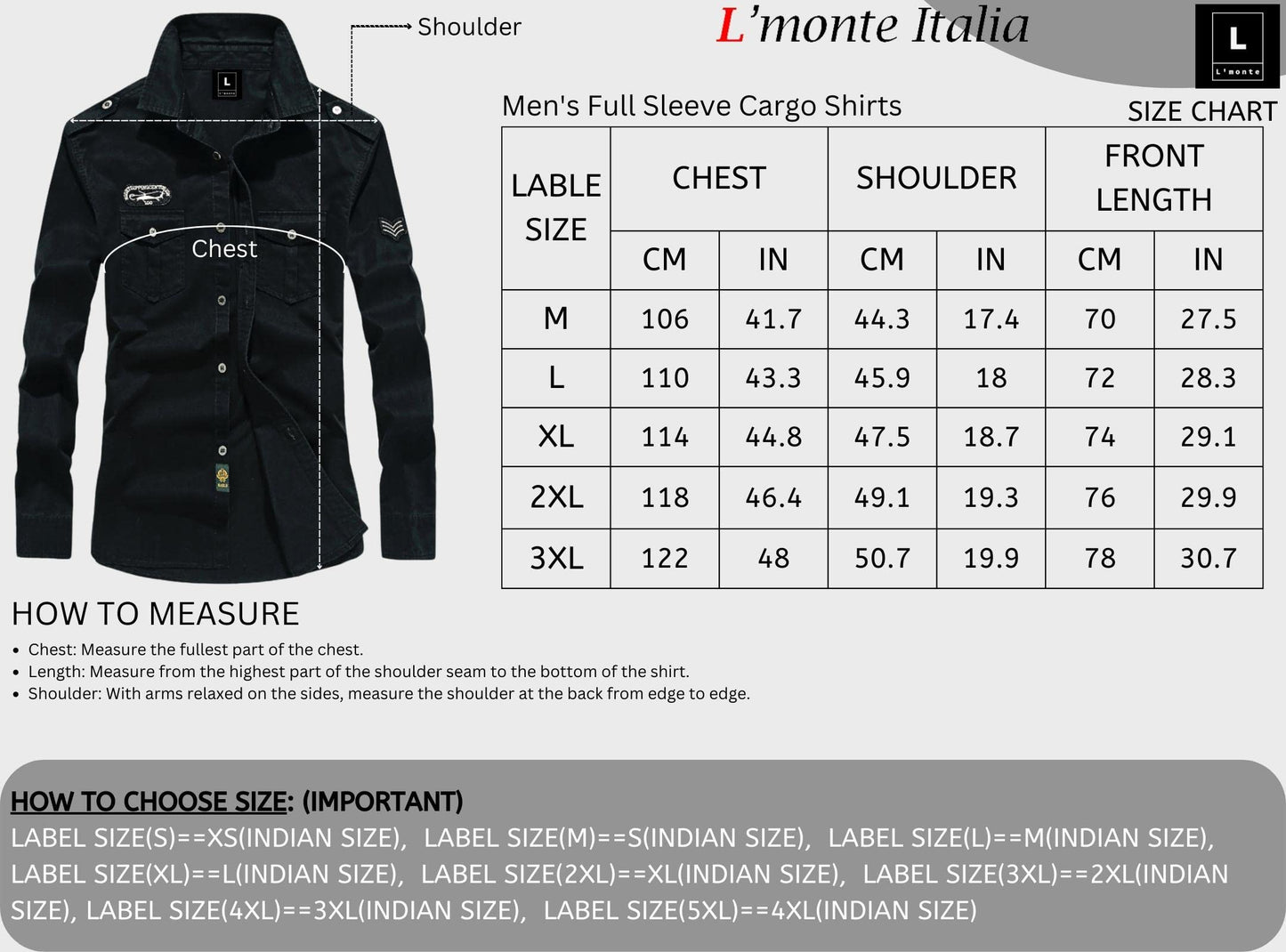 L'MONTE Men's Full Sleeves Black Cargo Shirts for Men Lmonte International