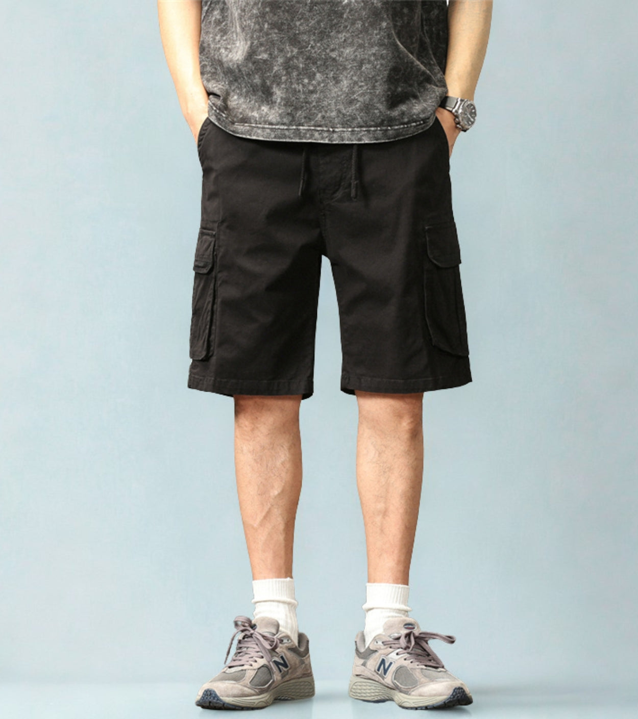 L'MONTE Men's Cotton Casual Black Elastic Waist Cargo Shorts