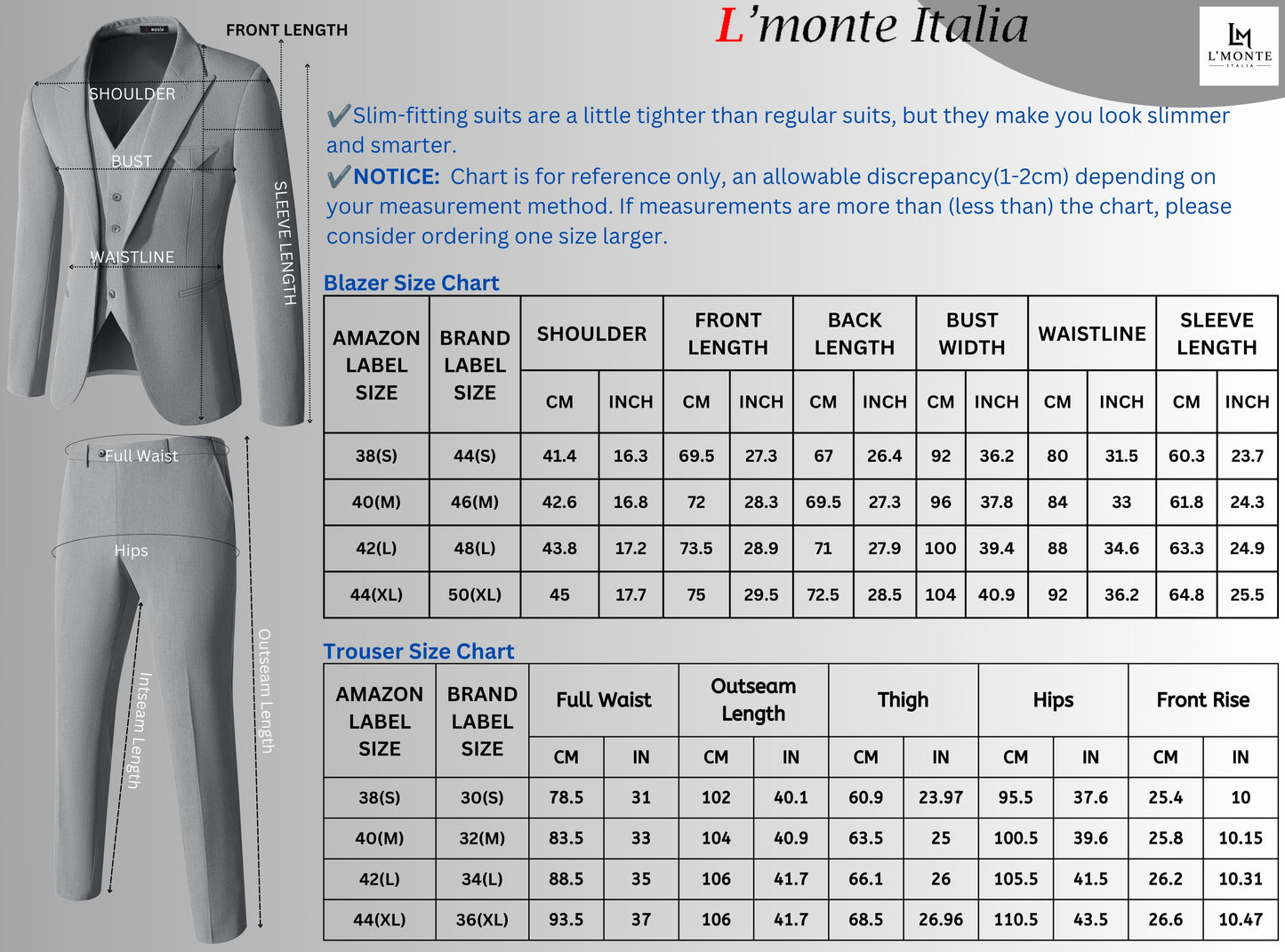 L'MONTE Men's 3-Piece Slim Fit Suit Set in Blue | Formal Blazer, Vest & Pant with One-Button Closure for Weddings, Business, and Parties Lmonte International