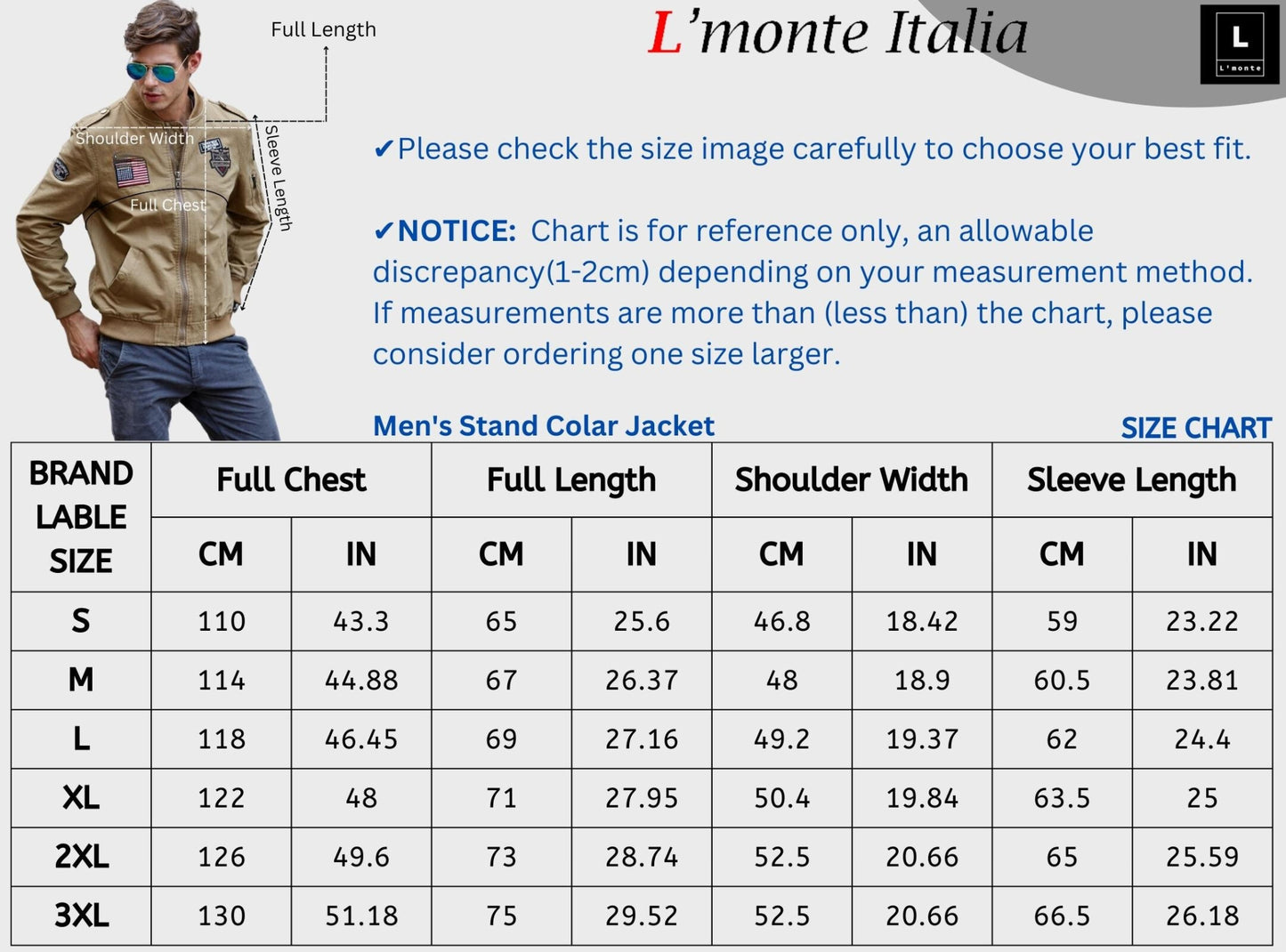 L'MONTE Men's Khaki USA Army-Style Biker Jacket My Store