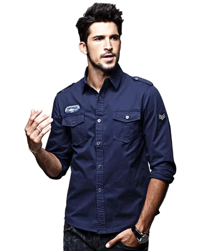 L'MONTE Men's Full Sleeves Blue Cargo Shirts for Men Lmonte International