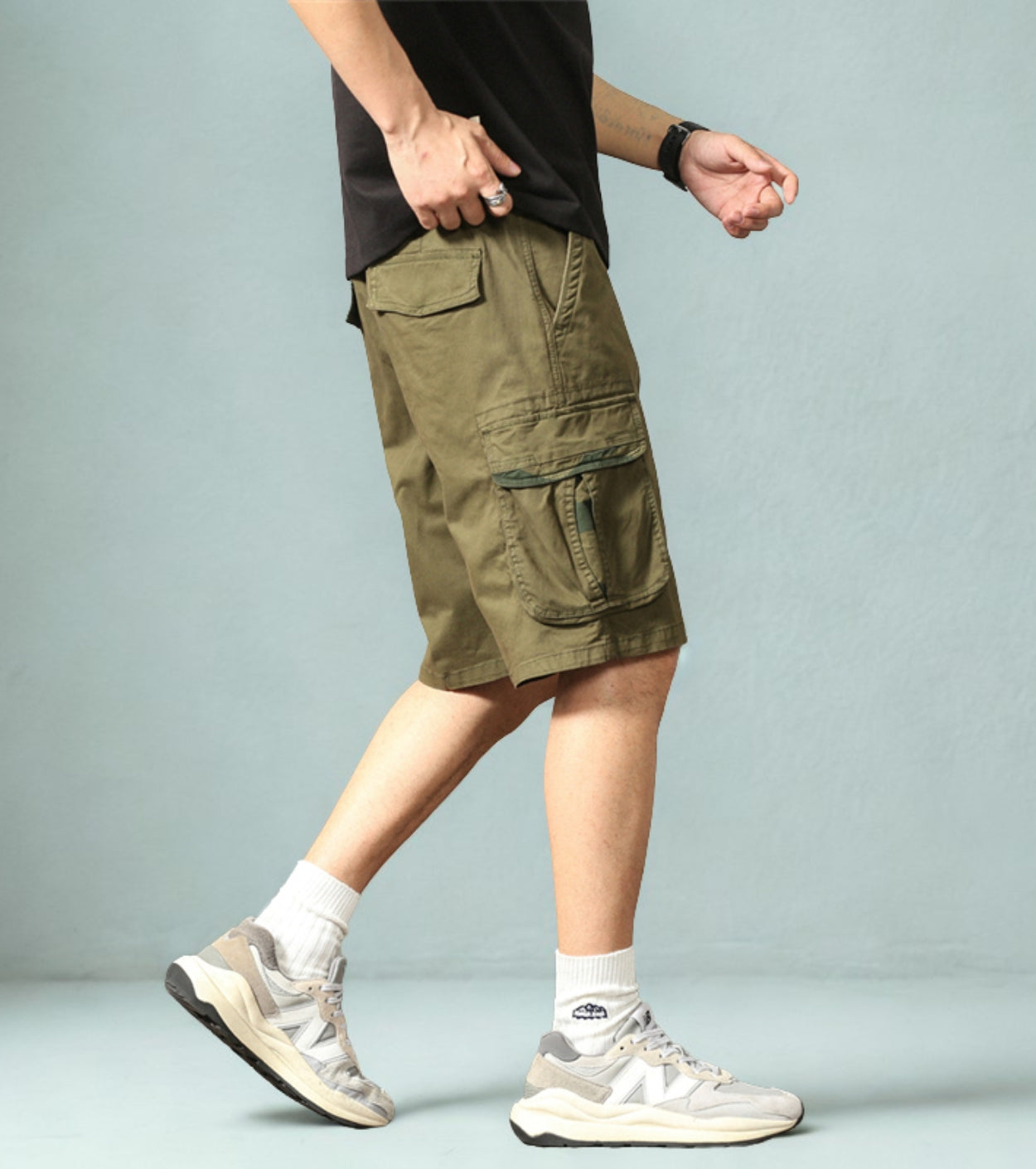 L'MONTE Men's Cotton Casual Army Green Elastic Waist Cargo Shorts My Store