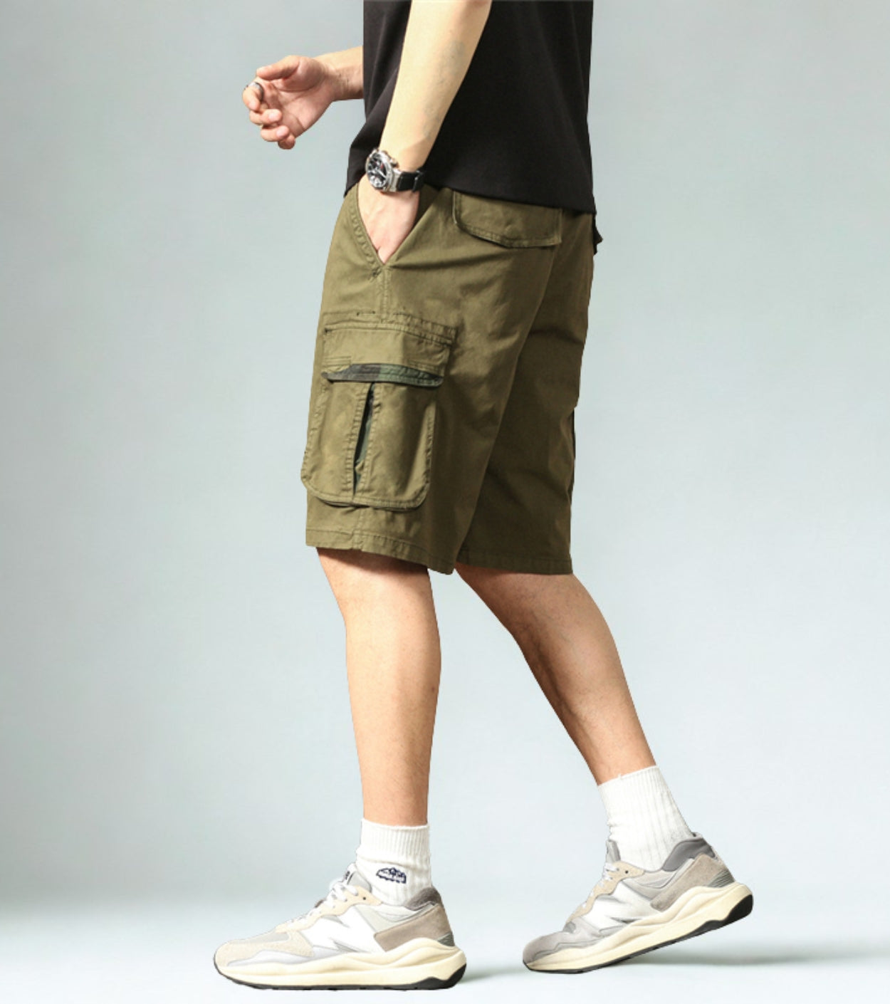L'MONTE Men's Cotton Casual Army Green Elastic Waist Cargo Shorts My Store