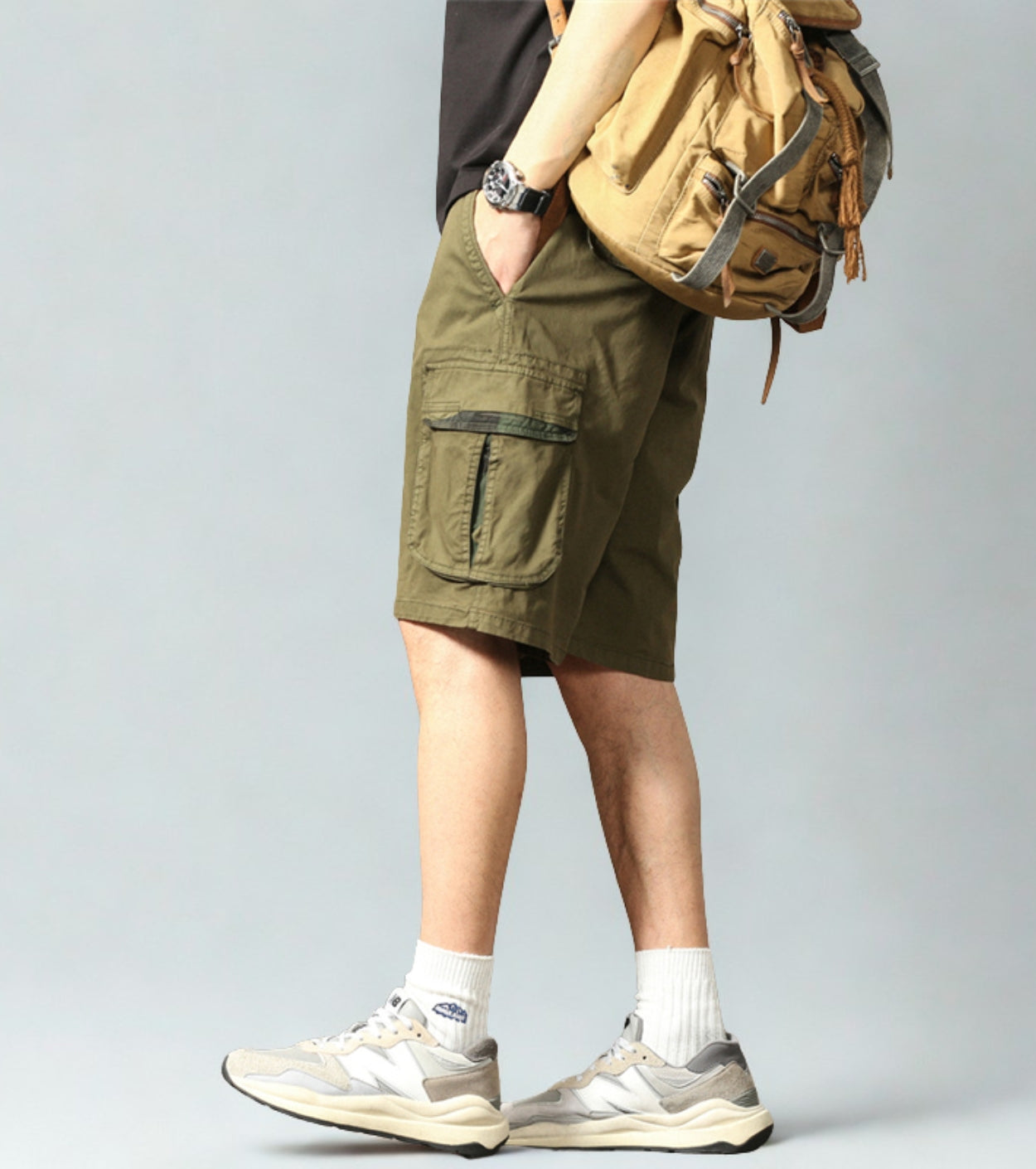L'MONTE Men's Cotton Casual Army Green Elastic Waist Cargo Shorts My Store