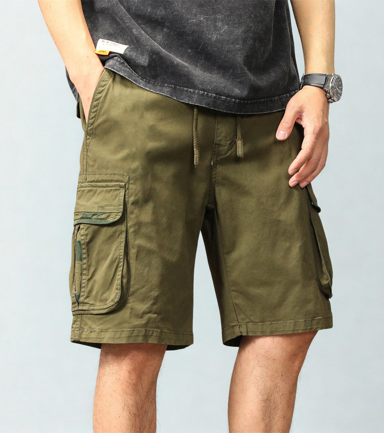 L'MONTE Men's Cotton Casual Army Green Elastic Waist Cargo Shorts My Store