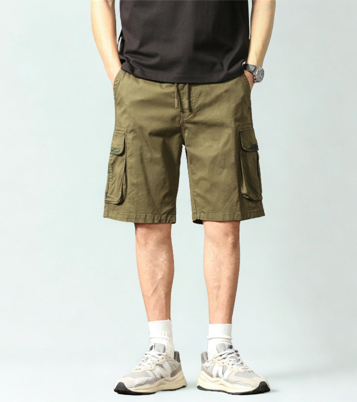 L'MONTE Men's Cotton Casual Army Green Elastic Waist Cargo Shorts My Store