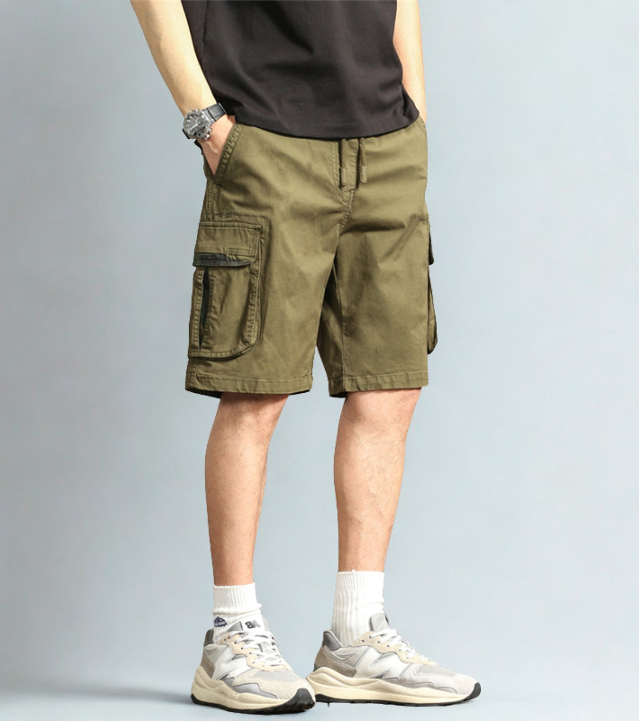 L'MONTE Men's Cotton Casual Army Green Elastic Waist Cargo Shorts My Store