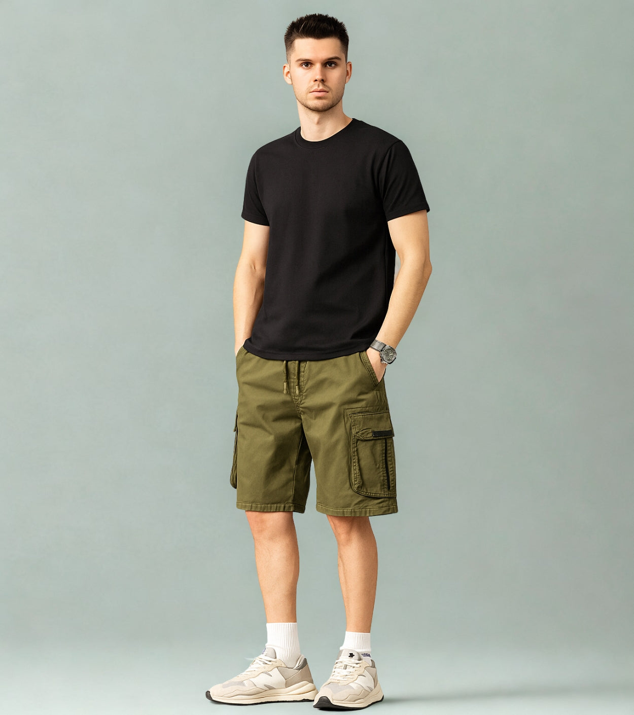 L'MONTE Men's Cotton Casual Army Green Elastic Waist Cargo Shorts My Store
