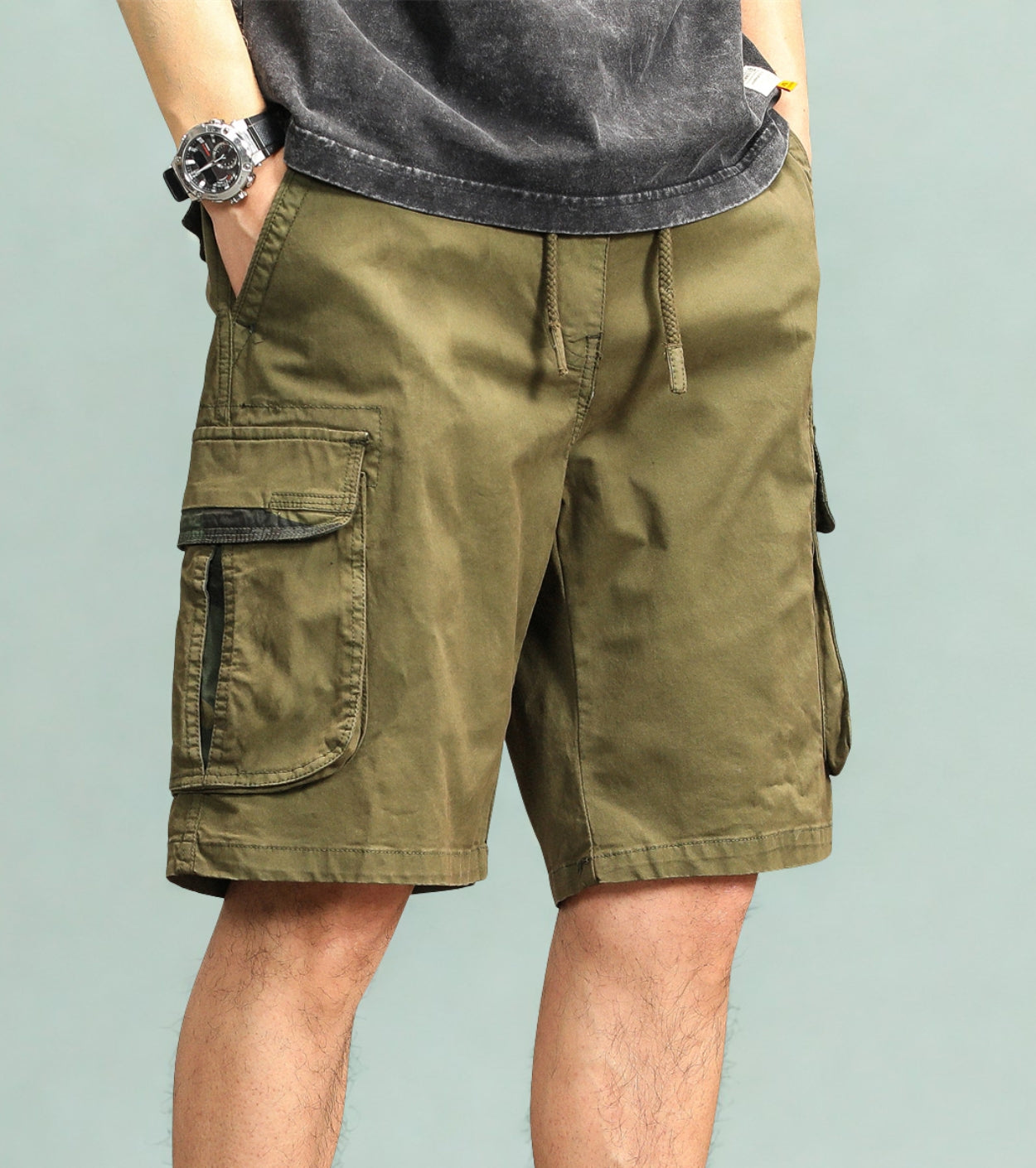 L'MONTE Men's Cotton Casual Army Green Elastic Waist Cargo Shorts My Store
