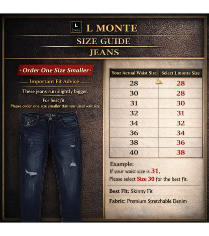 L'MONTE Men's Imported Super Skinny Fit Stretchable Distressed Ripped Stylish Blue Denim Jeans Pant | Machine Wash My Store