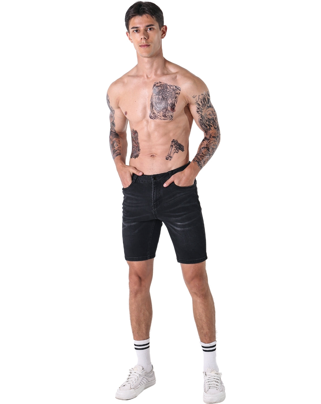 L'MONTE Imported Men's Premium Stretch-Fit Black Denim Shorts