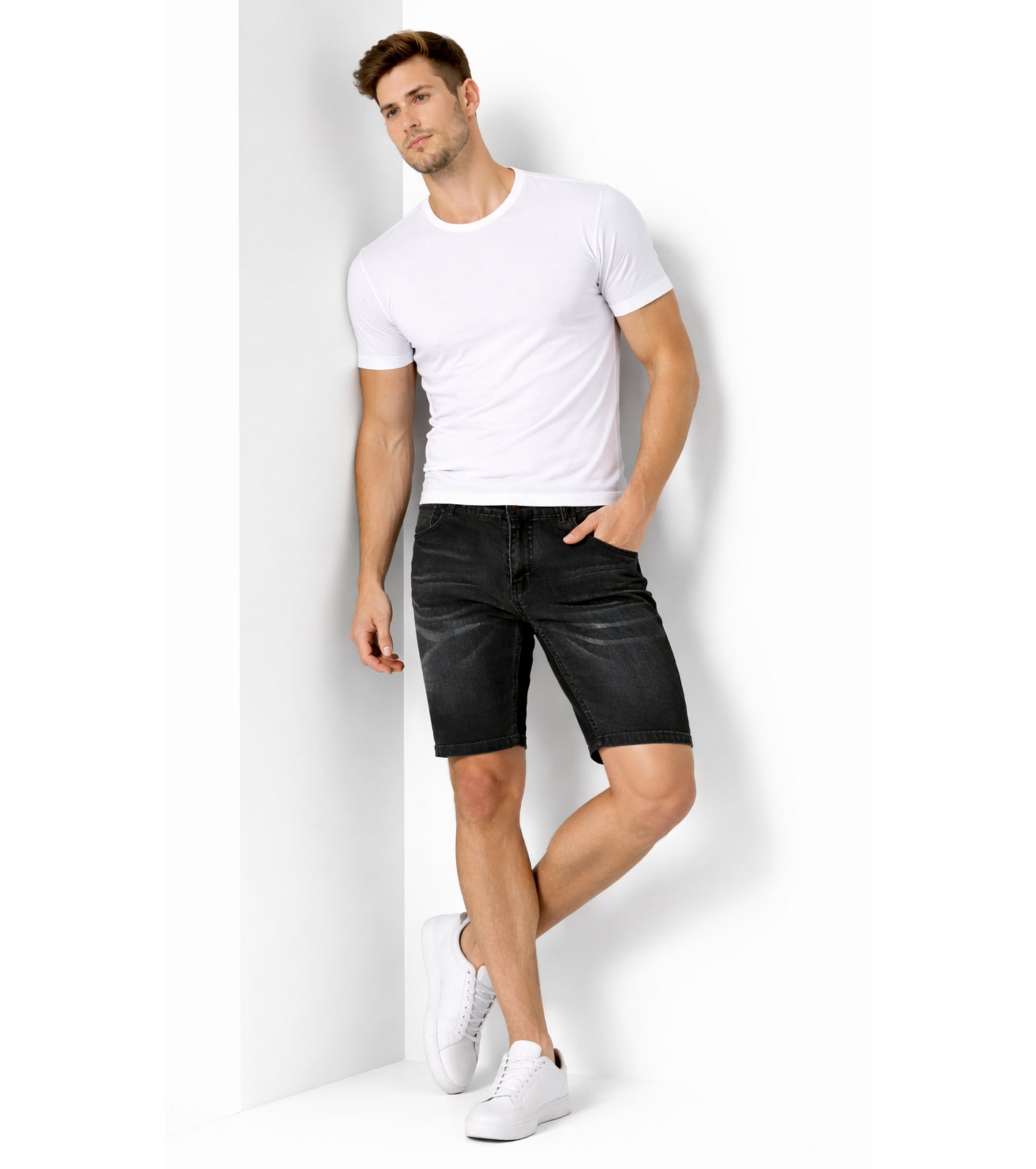 L'MONTE Imported Men's Super Skinny Premium Stretch-Fit Black Denim Shorts My Store