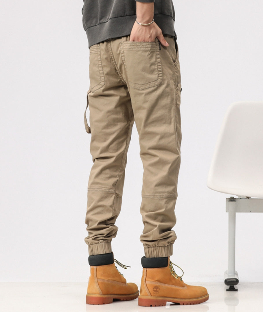 L'MONTE Imported Expandable Elastic Waist Slim Fit Khaki Cotton Cargo Joggers My Store